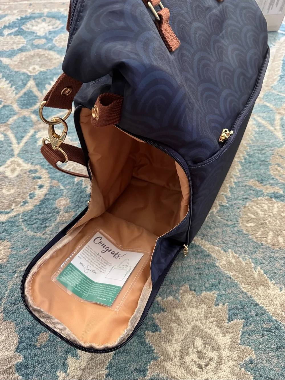 Sarah Wells “Lizzy” Pump Bag – Navy Deco Print